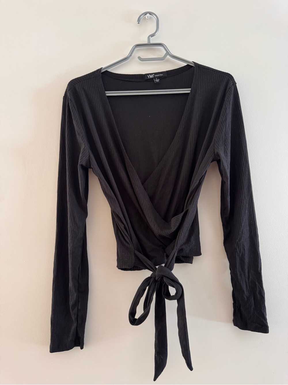 YMI Black Ribbed Long-Sleeve Wrap Tie Top